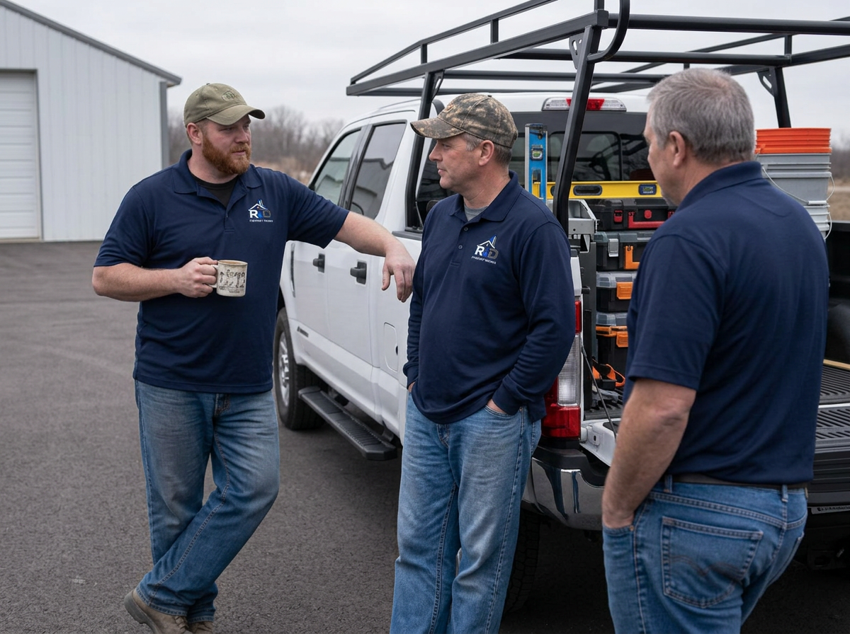 R & D PropertyWorks crew talking beside a work truck