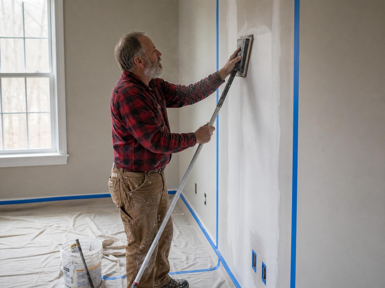 Technician patching drywall with joint compound