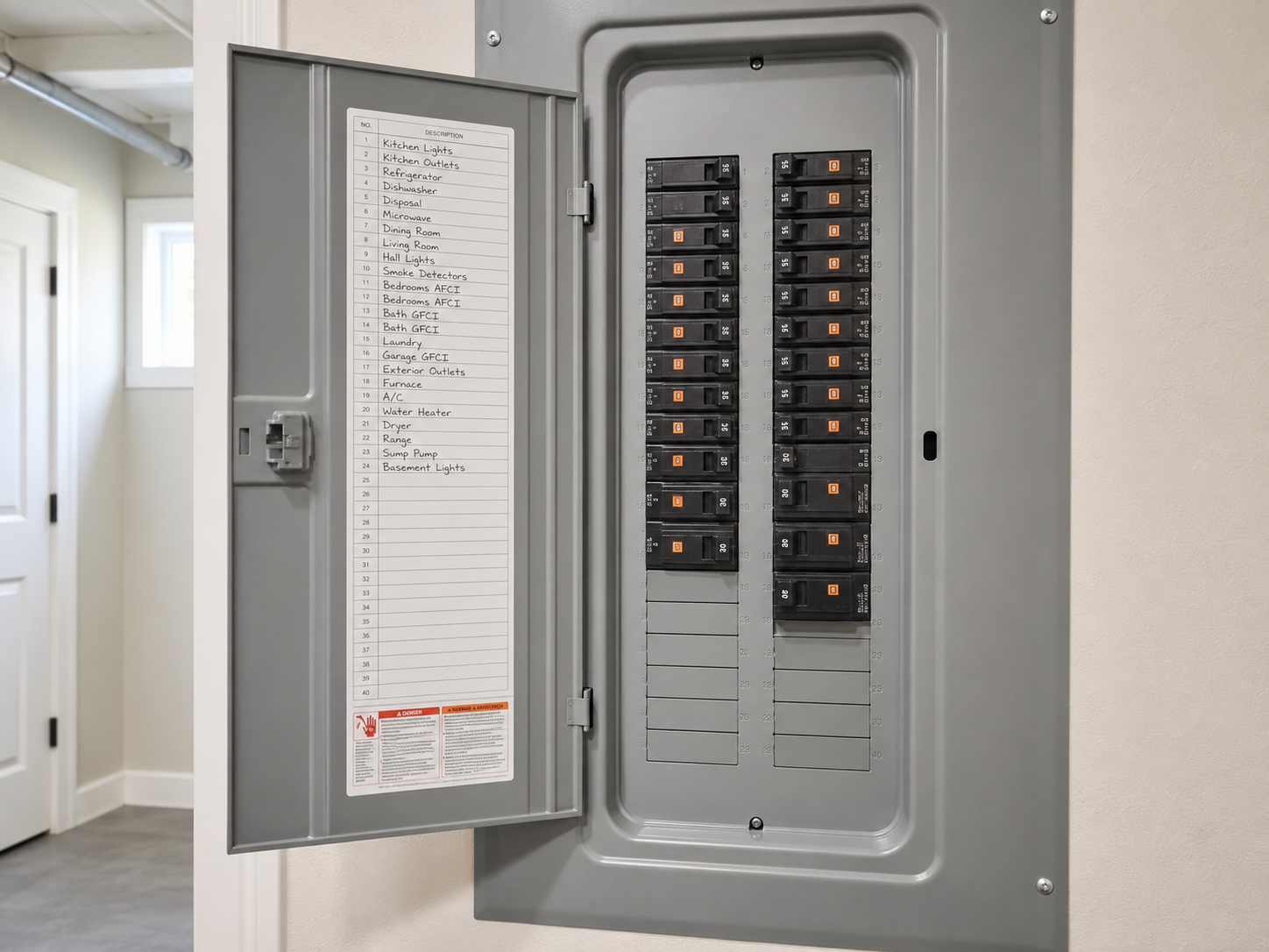 Electrical load center panel with breakers and open expansion slots