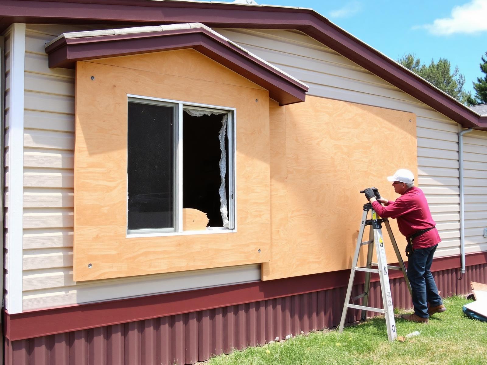 Emergency board-up of a damaged window on a manufactured home
