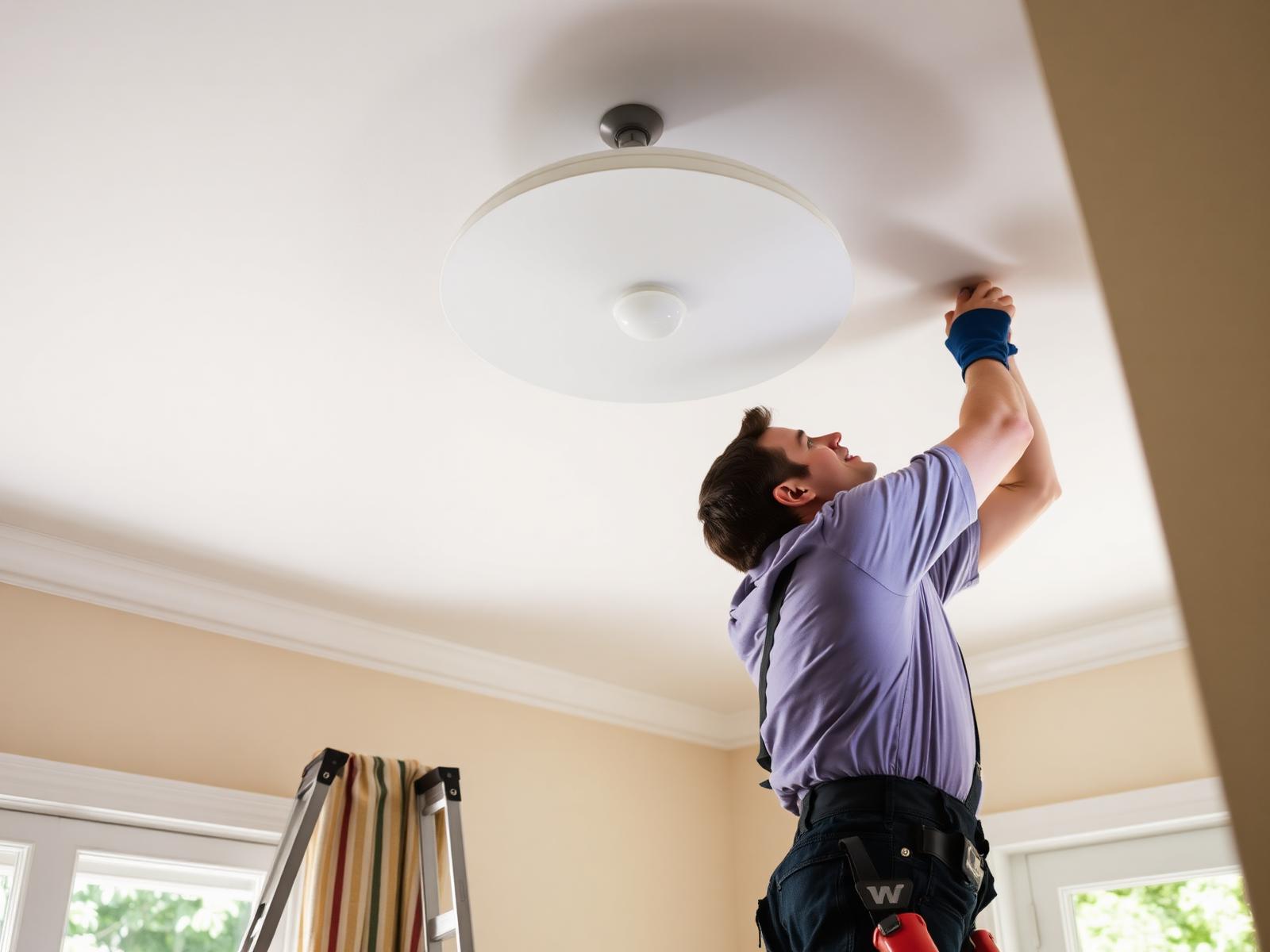 Technician installing a new ceiling light fixture in a residential home