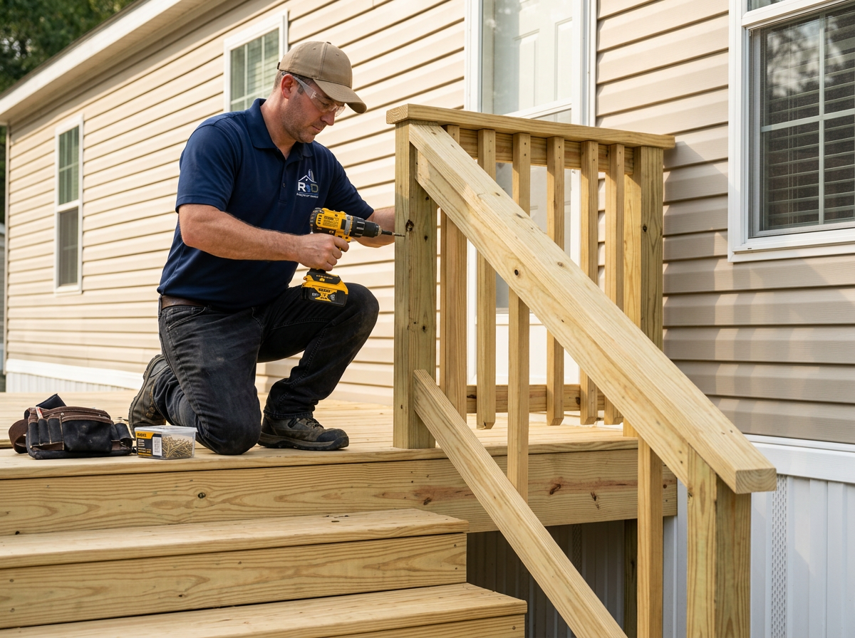 Newly installed exterior handrail on porch steps