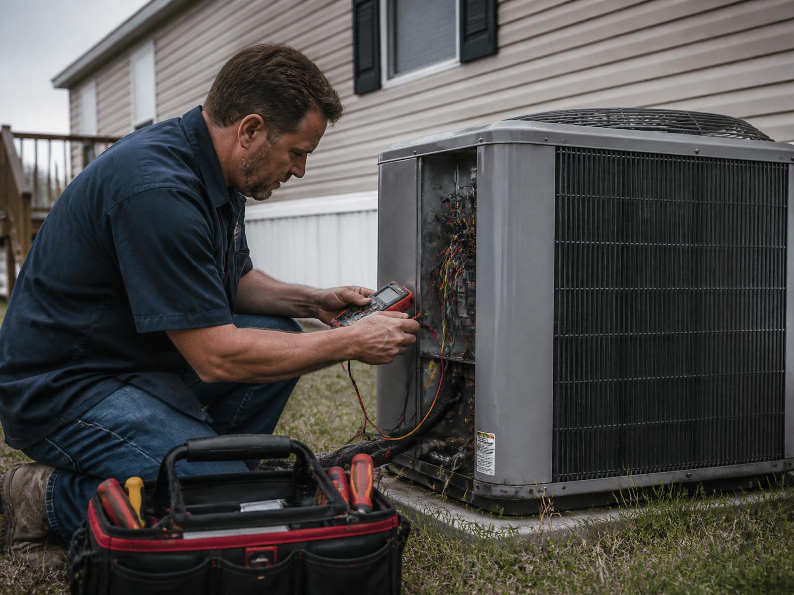 Technician inspecting an outdoor HVAC unit