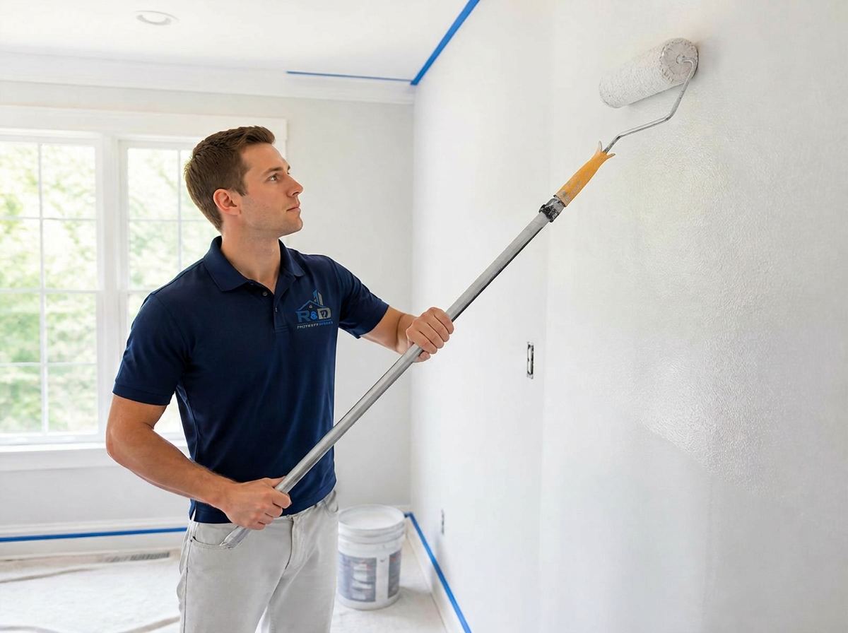 Painter rolling fresh paint on an interior rental wall