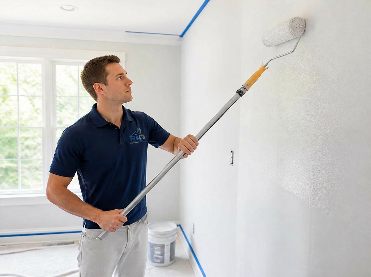 Technician painting an interior wall in a rental home
