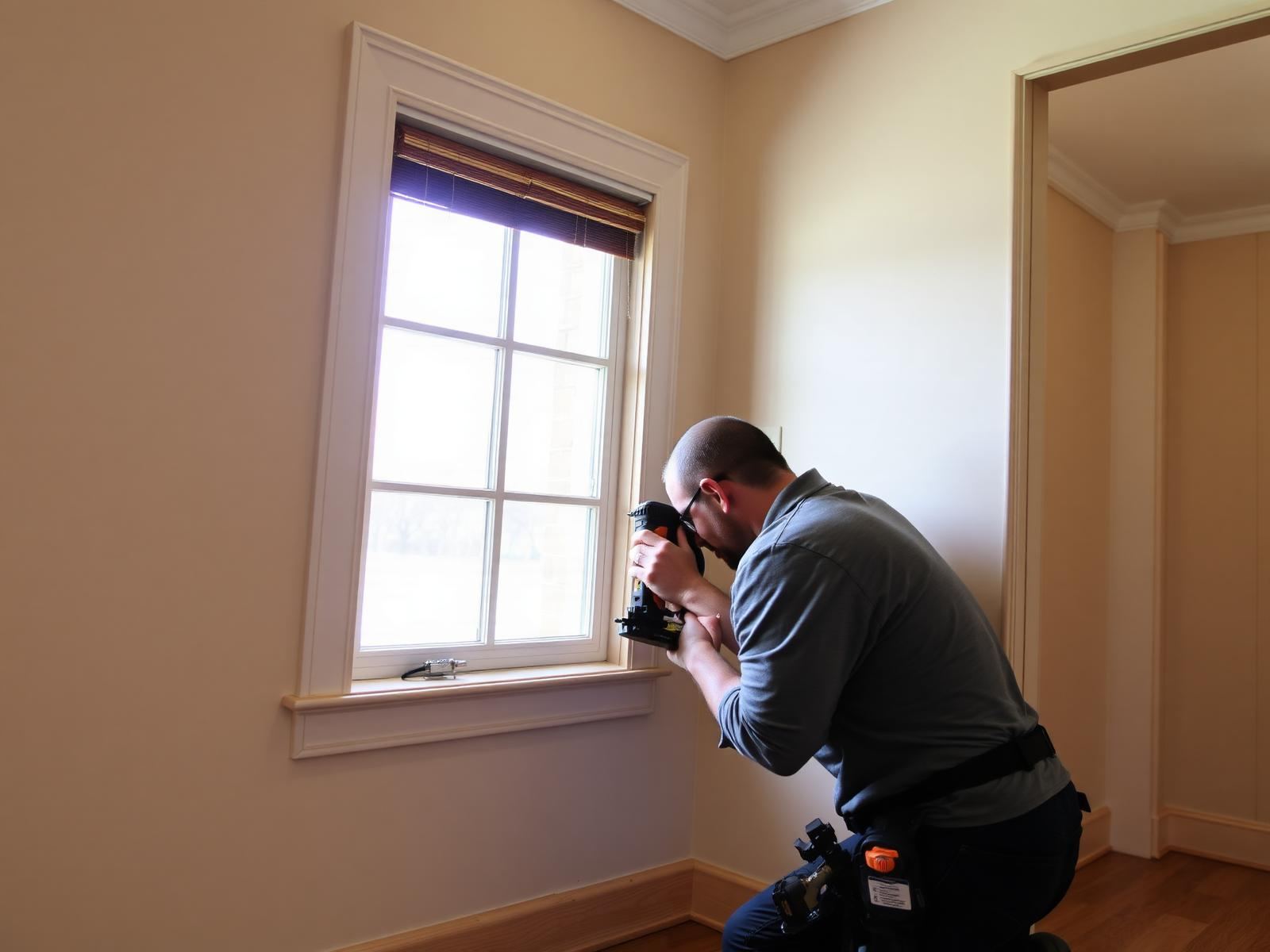 Carpenter fitting a replacement window in a Michigan home