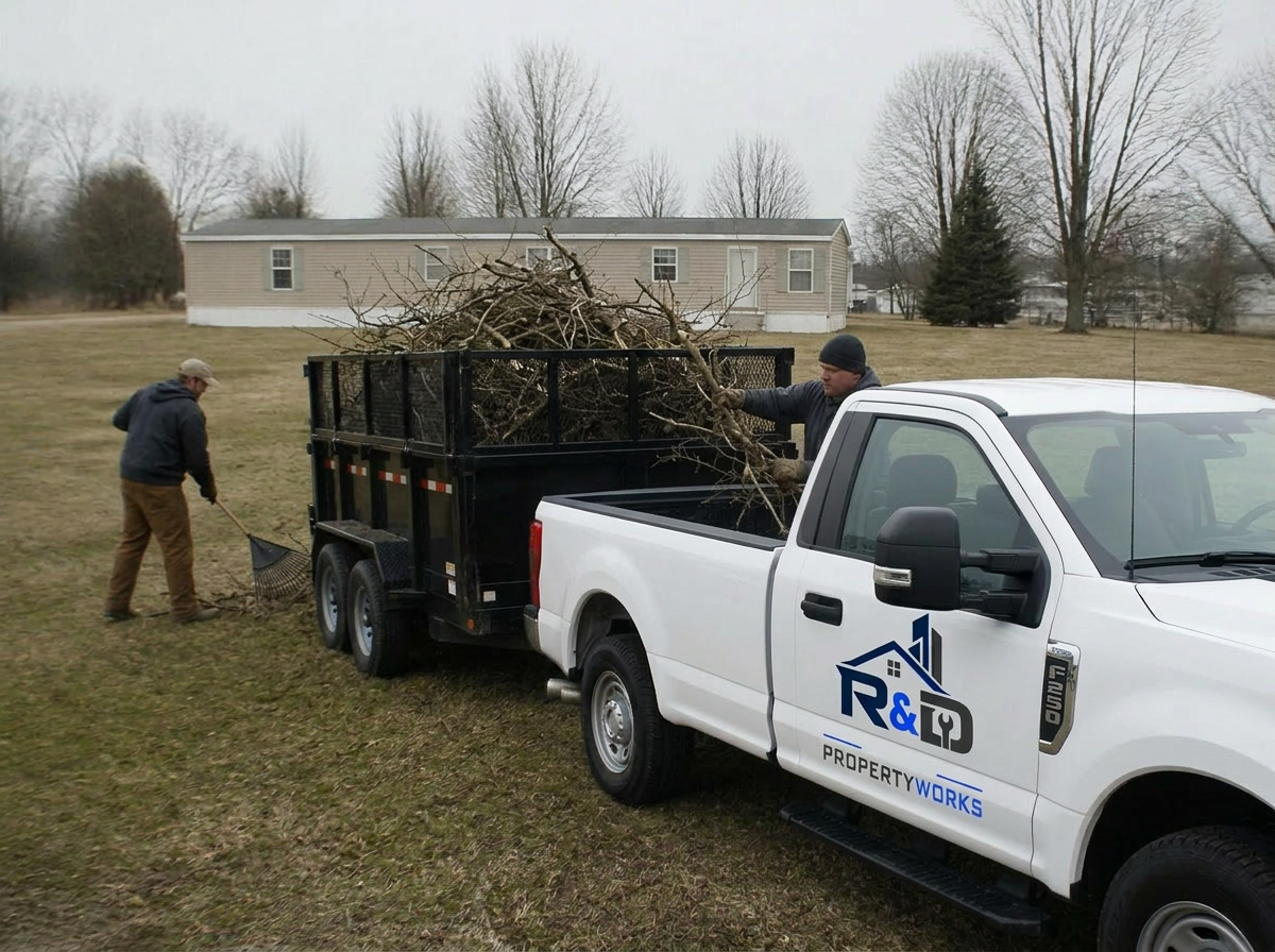 Crew loading brush into a trailer on a vacant lot