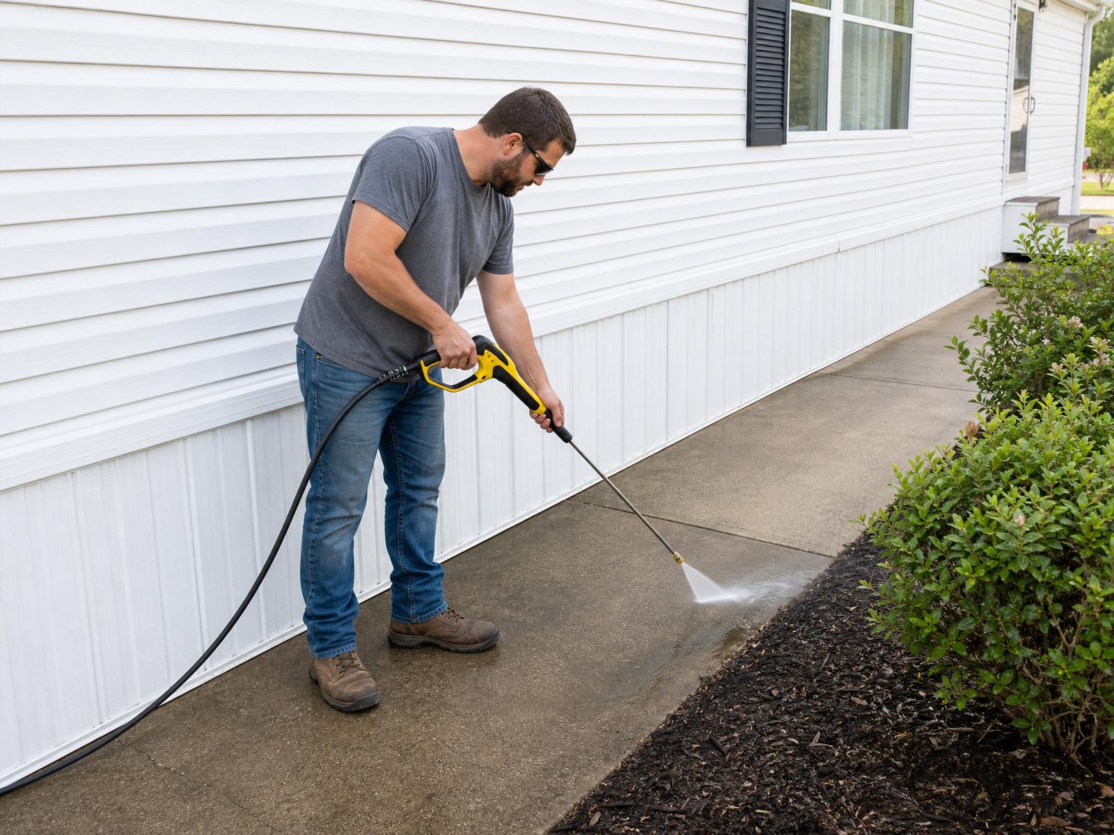Worker pressure washing a walkway and vinyl skirting outside a manufactured home