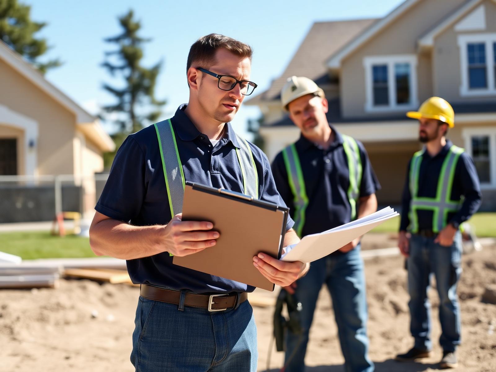 Project manager with clipboard coordinating a residential job site