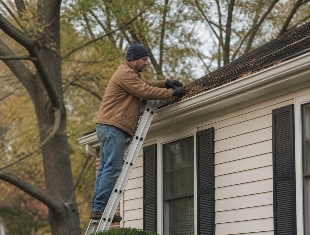 Technician inspecting the roof and gutters of a manufactured home