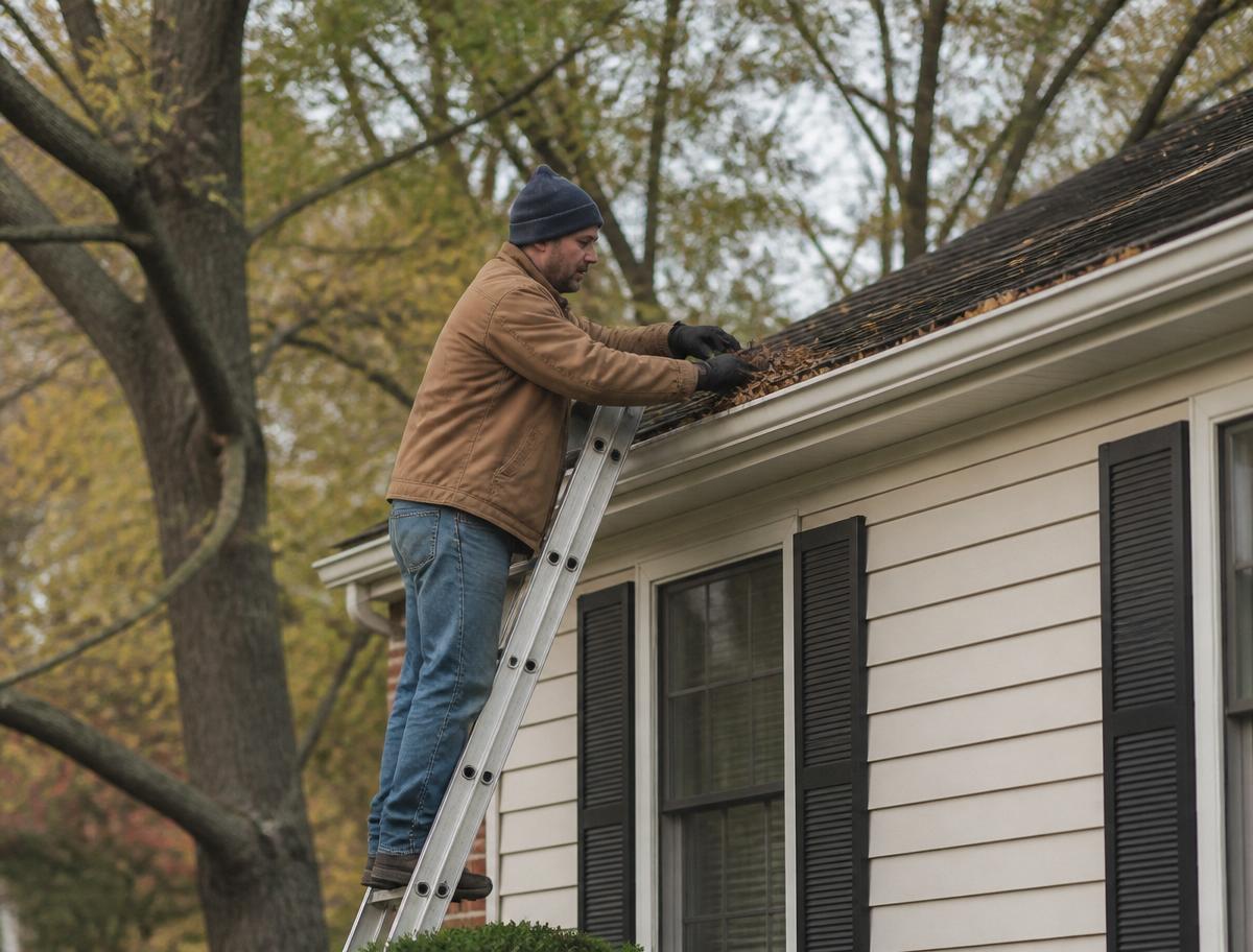 Worker cleaning leaves from a home's gutter