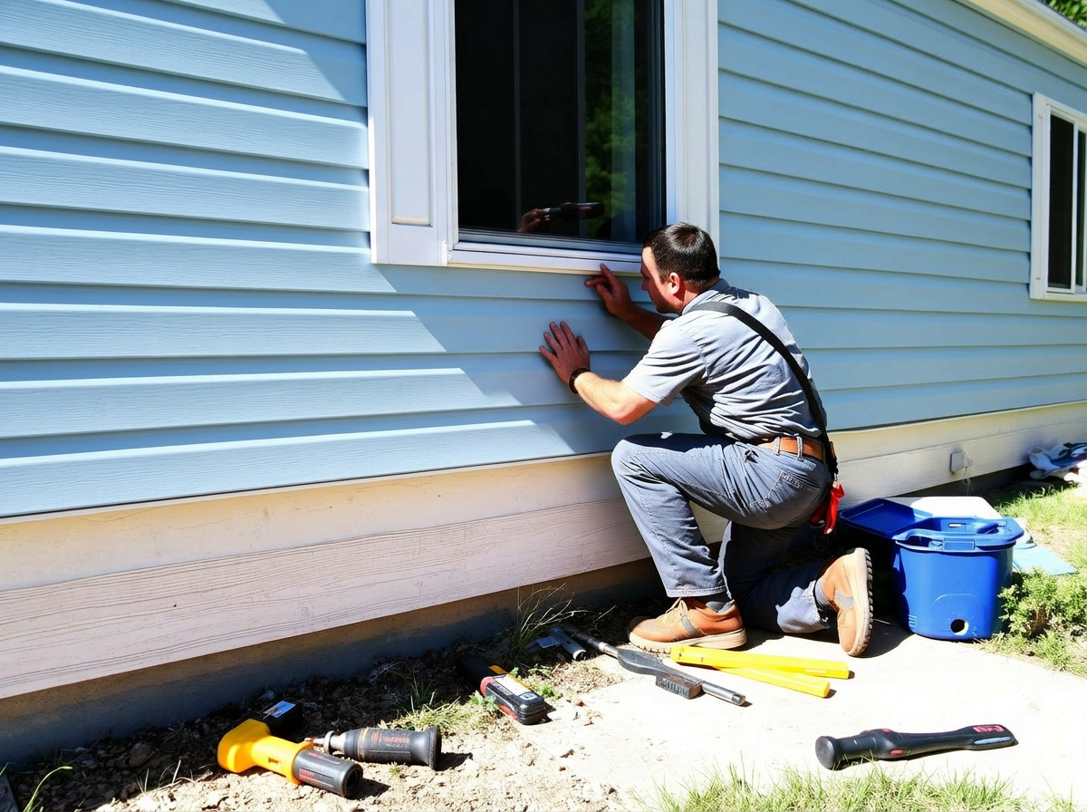Contractor replacing exterior vinyl siding on a manufactured home