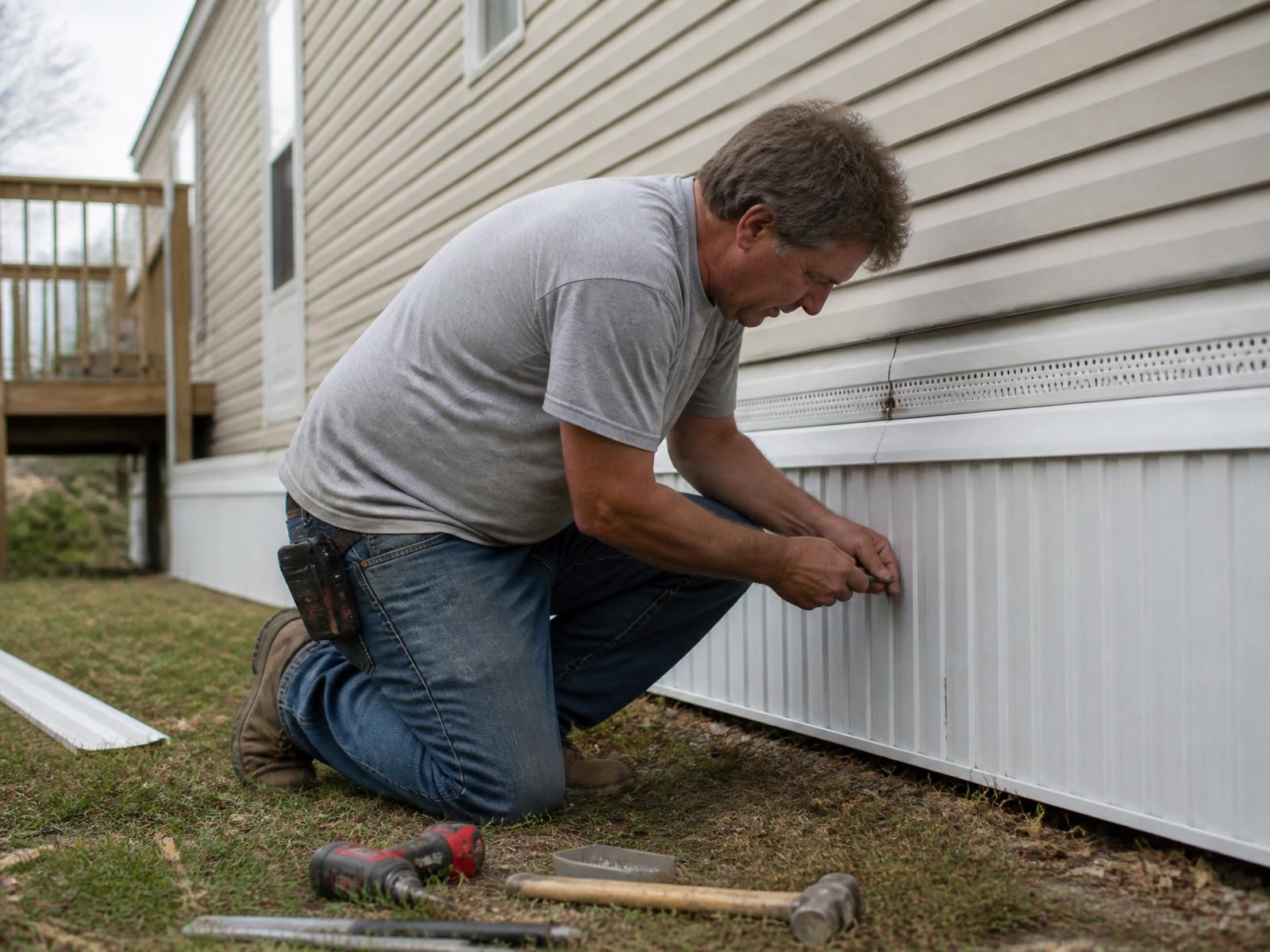 Technician replacing vinyl siding panels on a Michigan home