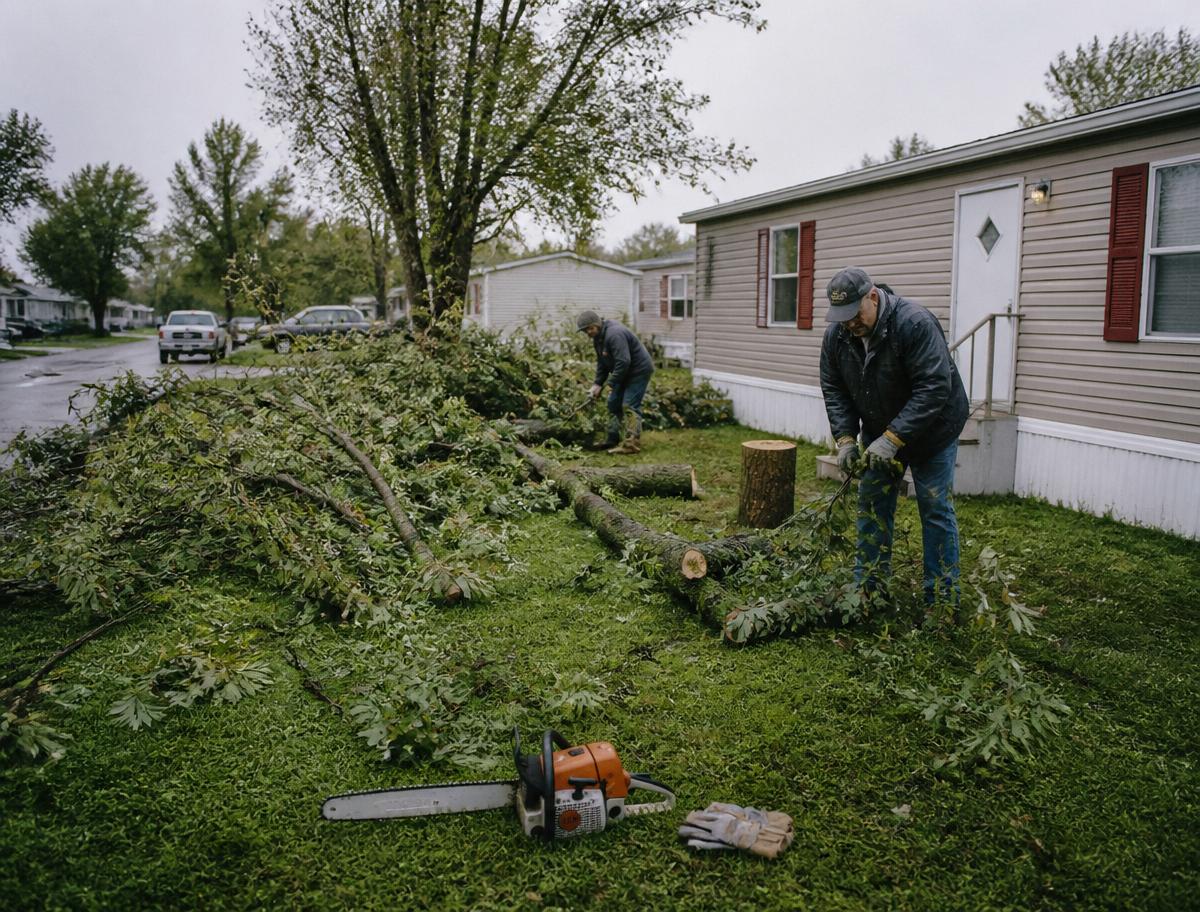 Fallen tree branches being cleared after a storm